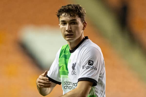 BLACKPOOL, ENGLAND - Tuesday, October 10, 2023: Liverpool's Mateusz Musialowski reacts after missing a chance during the English Football League Trophy Northern Group A match between Blackpool FC and Liverpool FC Under-21's at Bloomfield Road. Blackpool won 5-2. (Photo by David Rawcliffe/Propaganda)