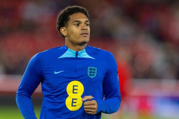 NOTTINGHAM, ENGLAND - Thursday, October 12, 2023: England's Jarell Quansah during the pre-match warm-up before the 2025 UEFA European Under-21 Championship Qualifying Group F game between England and Serbia at the City Ground. England won 9-1. (Photo by David Rawcliffe/Propaganda)