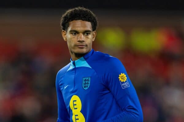 NOTTINGHAM, ENGLAND - Thursday, October 12, 2023: England's Jarell Quansah during the pre-match warm-up before the 2025 UEFA European Under-21 Championship Qualifying Group F game between England and Serbia at the City Ground. England won 9-1. (Photo by David Rawcliffe/Propaganda)