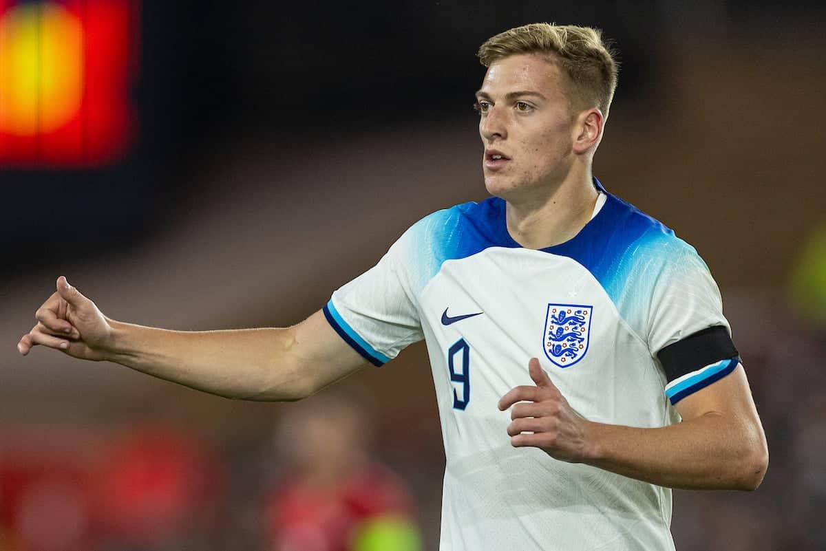 NOTTINGHAM, ENGLAND - Thursday, October 12, 2023: England's Liam Delap during the 2025 UEFA European Under-21 Championship Qualifying Group F game between England and Serbia at the City Ground. England won 9-1. (Photo by David Rawcliffe/Propaganda)
