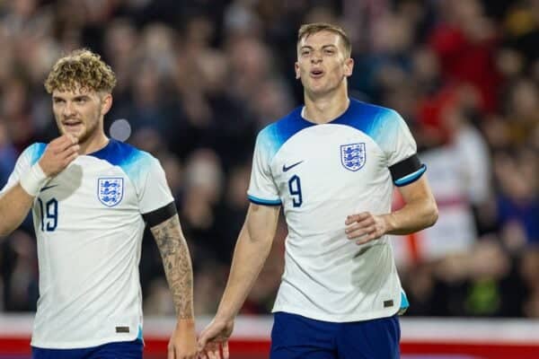 NOTTINGHAM, ENGLAND - Thursday, October 12, 2023: England's Liam Delap celebrates after scoring the second goal during the 2025 UEFA European Under-21 Championship Qualifying Group F game between England and Serbia at the City Ground. England won 9-1. (Photo by David Rawcliffe/Propaganda)