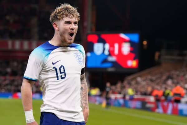 NOTTINGHAM, ENGLAND - Thursday, October 12, 2023: England's Harvey Elliott celebrates after scoring the third goal during the 2025 UEFA European Under-21 Championship Qualifying Group F game between England and Serbia at the City Ground. England won 9-1. (Photo by David Rawcliffe/Propaganda)