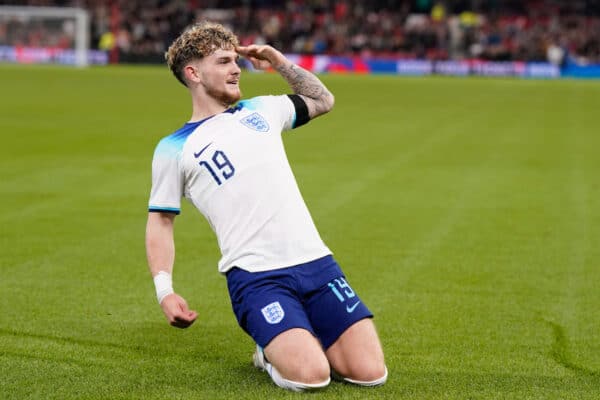 NOTTINGHAM, ENGLAND - Thursday, October 12, 2023: England's Harvey Elliott celebrates after scoring the third goal during the 2025 UEFA European Under-21 Championship Qualifying Group F game between England and Serbia at the City Ground. England won 9-1. (Photo by David Rawcliffe/Propaganda)