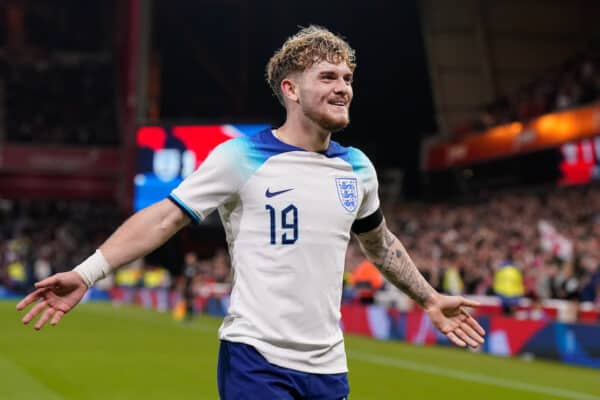 NOTTINGHAM, ENGLAND - Thursday, October 12, 2023: England's Harvey Elliott celebrates after scoring the third goal during the 2025 UEFA European Under-21 Championship Qualifying Group F game between England and Serbia at the City Ground. England won 9-1. (Photo by David Rawcliffe/Propaganda)