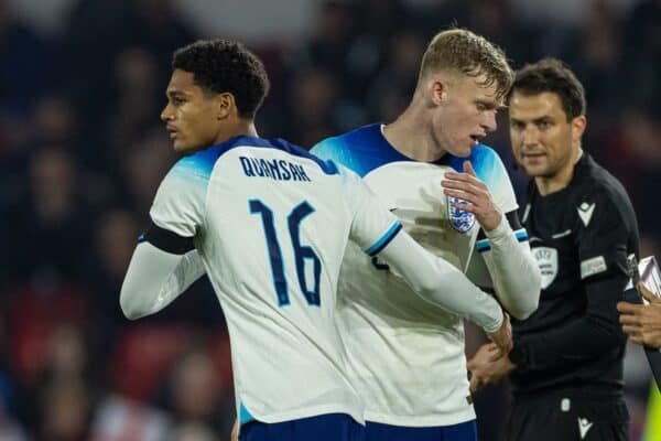 NOTTINGHAM, ENGLAND - Thursday, October 12, 2023: England's Jarell Quansah (L) comes on as a substitute replacing Jarrad Branthwaite during the 2025 UEFA European Under-21 Championship Qualifying Group F game between England and Serbia at the City Ground. England won 9-1. (Photo by David Rawcliffe/Propaganda)