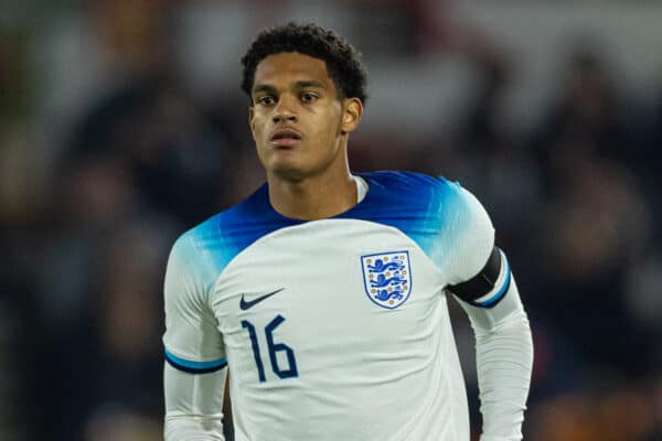 NOTTINGHAM, ENGLAND - Thursday, October 12, 2023: England's Jarell Quansah during the 2025 UEFA European Under-21 Championship Qualifying Group F game between England and Serbia at the City Ground. England won 9-1. (Photo by David Rawcliffe/Propaganda)