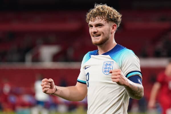 NOTTINGHAM, ENGLAND - Thursday, October 12, 2023: England's Harvey Elliott celebrates after scoring the ninth goal during the 2025 UEFA European Under-21 Championship Qualifying Group F game between England and Serbia at the City Ground. England won 9-1. (Photo by David Rawcliffe/Propaganda)