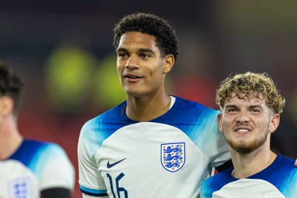 NOTTINGHAM, ENGLAND - Thursday, October 12, 2023: England's Liverpool duo Jarell Quansah (L) and Harvey Elliott celebrate after the 2025 UEFA European Under-21 Championship Qualifying Group F game between England and Serbia at the City Ground. England won 9-1. (Photo by David Rawcliffe/Propaganda)