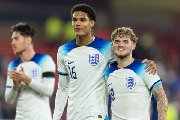 NOTTINGHAM, ENGLAND - Thursday, October 12, 2023: England's Liverpool duo Jarell Quansah (L) and Harvey Elliott celebrate after the 2025 UEFA European Under-21 Championship Qualifying Group F game between England and Serbia at the City Ground. England won 9-1. (Photo by David Rawcliffe/Propaganda)