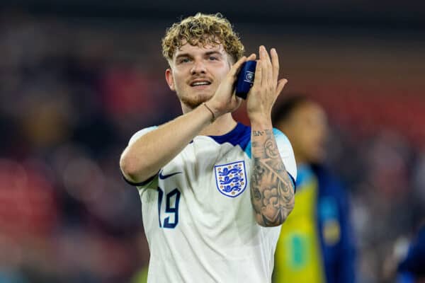 NOTTINGHAM, ENGLAND - Thursday, October 12, 2023: England's Harvey Elliott, who scored two goals, applauds the supporters after the 2025 UEFA European Under-21 Championship Qualifying Group F game between England and Serbia at the City Ground. England won 9-1. (Photo by David Rawcliffe/Propaganda)