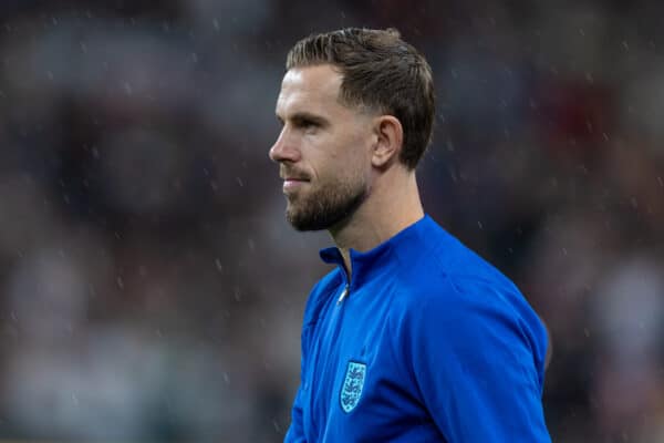 LONDON, ENGLAND - Friday, October 13, 2023: England's captain Jordan Henderson leads his side out before an International Friendly match between England and Australia at Wembley Stadium. England won 1-0. (Photo by David Rawcliffe/Propaganda)