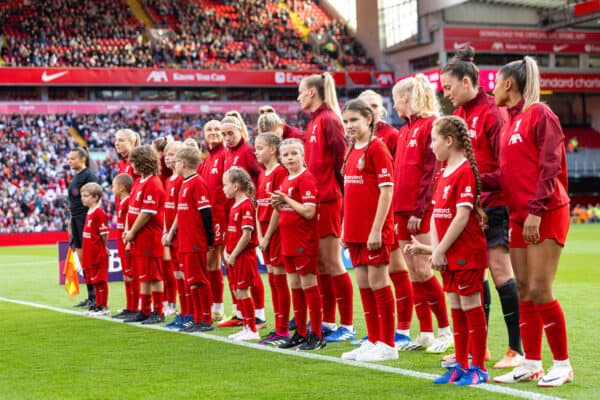 LIVERPOOL, ENGLAND - Sunday, October 15, 2023: Mascots before the FA Women’s Super League game between Liverpool FC Women and Everton FC Women at Anfield. (Pic by Paul Greenwood/Propaganda)