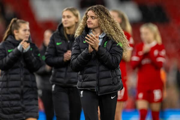 LIVERPOOL, ENGLAND - Sunday, October 15, 2023: Liverpool's Leanne Kiernan applauds the supporters after the FA Women’s Super League game between Liverpool FC Women and Everton FC Women at Anfield. Everton won 1-0. (Photo by David Rawcliffe/Propaganda)