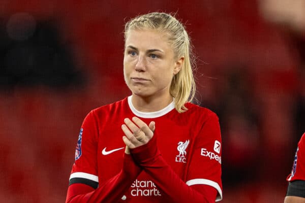 LIVERPOOL, ENGLAND - Sunday, October 15, 2023: Liverpool's Sophie Roman Haug applauds the supporters after the FA Women’s Super League game between Liverpool FC Women and Everton FC Women at Anfield. Everton won 1-0. (Photo by David Rawcliffe/Propaganda)