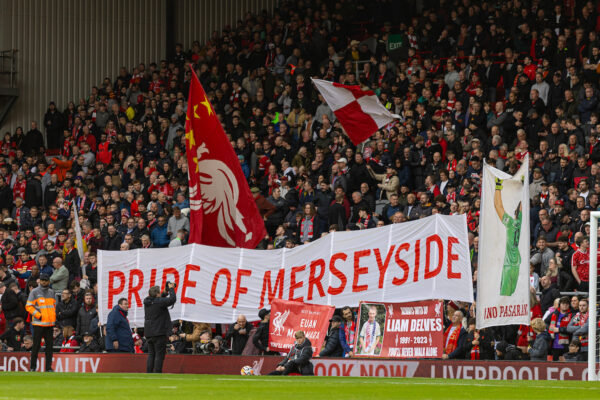 LIVERPOOL, ENGLAND - Saturday, October 21, 2023: Liverpool supporters' banner "Pride of Merseyside" on the Spion Kop during the FA Premier League match between Liverpool FC and Everton FC, the 243rd Merseyside Derby, at Anfield. Liverpool won 2-0. (Photo by David Rawcliffe/Propaganda)