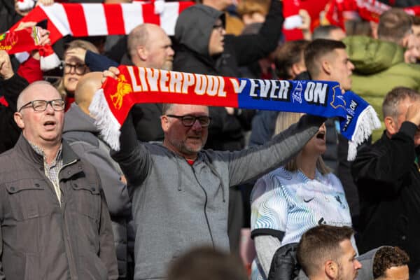 LIVERPOOL, ENGLAND - Saturday, October 21, 2023: A Liverpool supporter with a half-and-half scarf during the FA Premier League match between Liverpool FC and Everton FC, the 243rd Merseyside Derby, at Anfield. Liverpool won 2-0. (Photo by David Rawcliffe/Propaganda)