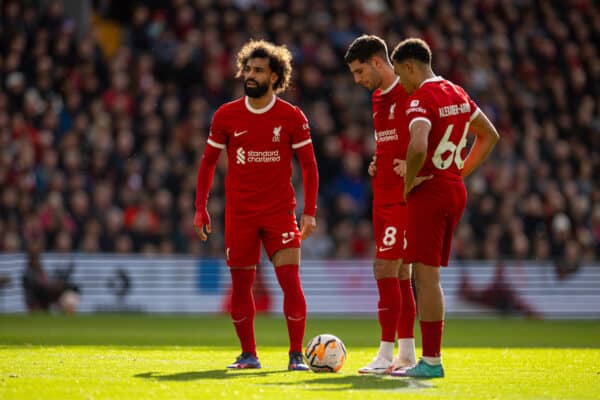 LIVERPOOL, ENGLAND - Saturday, October 21, 2023: Liverpool's Mohamed Salah, Dominik Szoboszlai and Trent Alexander-Arnold prepare to take a free-kick during the FA Premier League match between Liverpool FC and Everton FC, the 243rd Merseyside Derby, at Anfield. Liverpool won 2-0. (Photo by David Rawcliffe/Propaganda)