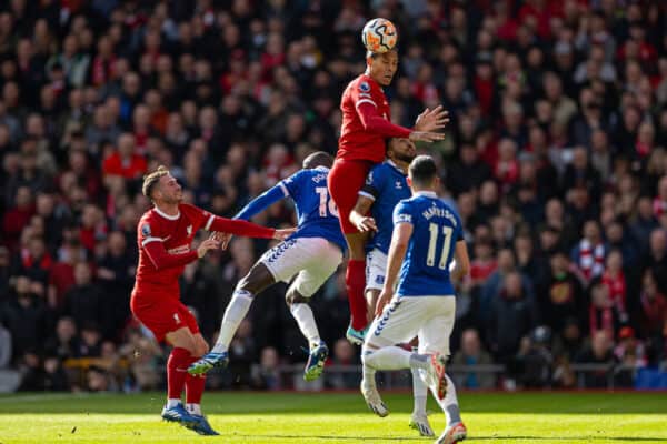 LIVERPOOL, ENGLAND - Saturday, October 21, 2023: Liverpool's captain Virgil van Dijk wins a header during the FA Premier League match between Liverpool FC and Everton FC, the 243rd Merseyside Derby, at Anfield. Liverpool won 2-0. (Photo by David Rawcliffe/Propaganda)