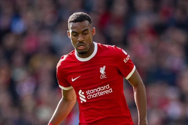 LIVERPOOL, ENGLAND - Saturday, October 21, 2023: Liverpool's Ryan Gravenberch during the FA Premier League match between Liverpool FC and Everton FC, the 243rd Merseyside Derby, at Anfield. Liverpool won 2-0. (Photo by David Rawcliffe/Propaganda)