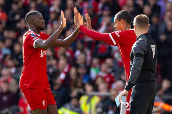 LIVERPOOL, ENGLAND - Saturday, October 21, 2023: Liverpool's Ibrahima Konaté is replaced by Joël Matip during the FA Premier League match between Liverpool FC and Everton FC, the 243rd Merseyside Derby, at Anfield. Liverpool won 2-0. (Photo by David Rawcliffe/Propaganda)