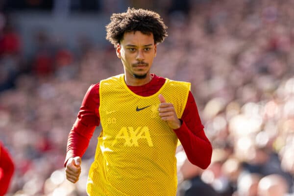 LIVERPOOL, ENGLAND - Saturday, October 21, 2023: Liverpool's substitute Calum Scanlon warms-up during the FA Premier League match between Liverpool FC and Everton FC, the 243rd Merseyside Derby, at Anfield. Liverpool won 2-0. (Photo by David Rawcliffe/Propaganda)