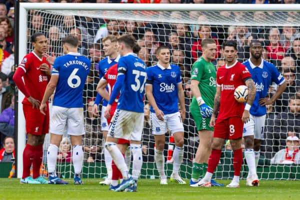 LIVERPOOL, ENGLAND - Saturday, October 21, 2023: Liverpool's captain Virgil van Dijk (L) and Dominik Szoboszlai (R) await the decision of a VAR penalty during the FA Premier League match between Liverpool FC and Everton FC, the 243rd Merseyside Derby, at Anfield. Liverpool won 2-0. (Photo by David Rawcliffe/Propaganda)