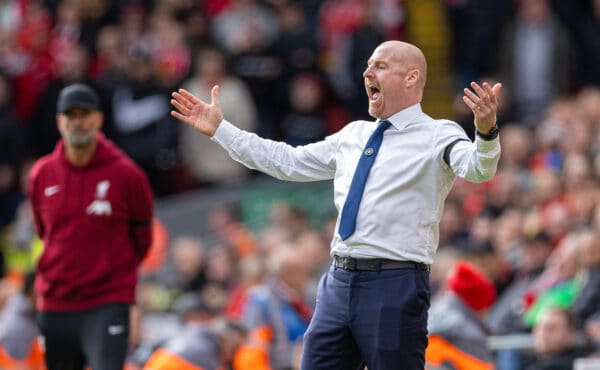 LIVERPOOL, ENGLAND - Saturday, October 21, 2023: Everton's manager Sean Dyche reacts during the FA Premier League match between Liverpool FC and Everton FC, the 243rd Merseyside Derby, at Anfield. Liverpool won 2-0. (Photo by David Rawcliffe/Propaganda)