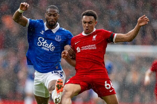 LIVERPOOL, ENGLAND - Saturday, October 21, 2023: Everton's Norberto Bercique Gomes Betuncal 'Beto' (L) challenges Liverpool's Trent Alexander-Arnold during the FA Premier League match between Liverpool FC and Everton FC, the 243rd Merseyside Derby, at Anfield. Liverpool won 2-0. (Photo by David Rawcliffe/Propaganda)