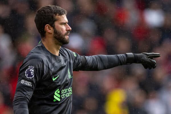 LIVERPOOL, ENGLAND - Saturday, October 21, 2023: Liverpool's goalkeeper Alisson Becker during the FA Premier League match between Liverpool FC and Everton FC, the 243rd Merseyside Derby, at Anfield. Liverpool won 2-0. (Photo by David Rawcliffe/Propaganda)