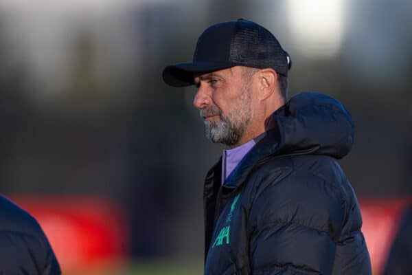 LIVERPOOL, ENGLAND - Wednesday, October 25, 2023: Liverpool's manager Jürgen Klopp during a training session at the AXA Training Centre ahead of the UEFA Europa League Group E match between Liverpool FC and FC Toulouse. (Photo by David Rawcliffe/Propaganda)