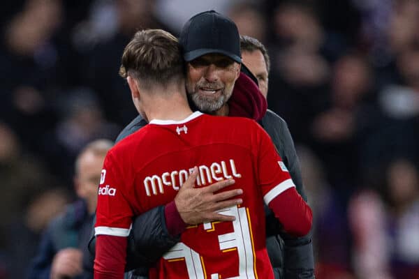 LIVERPOOL, ENGLAND - Thursday, October 26, 2023: Liverpool's manager Jürgen Klopp gives a hug to substitute James McConnell during the UEFA Europa League Group E match-day 3 game between Liverpool FC and Toulouse FC at Anfield. Liverpool won 5-1. (Photo by David Rawcliffe/Propaganda)