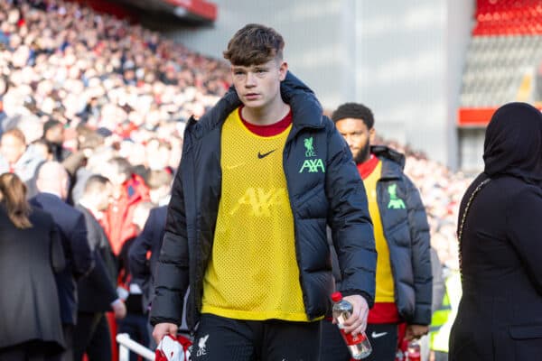 LIVERPOOL, ENGLAND - Sunday, October 29, 2023: Liverpool substitute James McConnell before the FA Premier League match between Liverpool FC and Nottingham Forest FC at Anfield. Liverpool won 3-0. (Photo by David Rawcliffe/Propaganda)