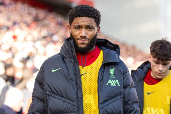 LIVERPOOL, ENGLAND - Sunday, October 29, 2023: Liverpool's substitute Joe Gomez before the FA Premier League match between Liverpool FC and Nottingham Forest FC at Anfield. Liverpool won 3-0. (Photo by David Rawcliffe/Propaganda)