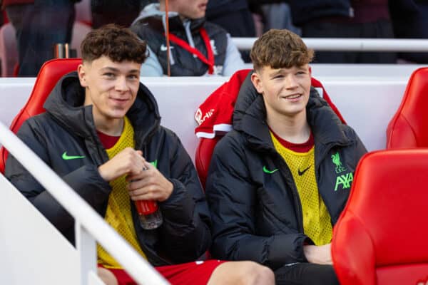 LIVERPOOL, ENGLAND - Sunday, October 29, 2023: Liverpool substitutes Luke Chambers (L) and James McConnell on the bench before the FA Premier League match between Liverpool FC and Nottingham Forest FC at Anfield. Liverpool won 3-0. (Photo by David Rawcliffe/Propaganda)