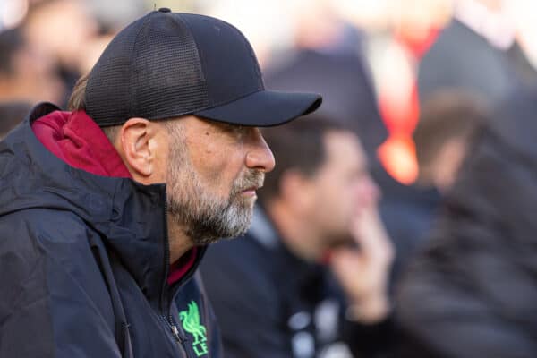 LIVERPOOL, ENGLAND - Sunday, October 29, 2023: Liverpool's manager Jürgen Klopp on the bench before the FA Premier League match between Liverpool FC and Nottingham Forest FC at Anfield. Liverpool won 3-0. (Photo by David Rawcliffe/Propaganda)