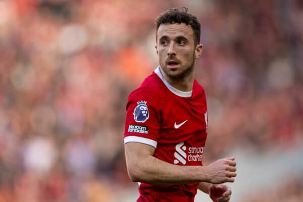 LIVERPOOL, ENGLAND - Sunday, October 29, 2023: Liverpool's Diogo Jota during the FA Premier League match between Liverpool FC and Nottingham Forest FC at Anfield. Liverpool won 3-0. (Photo by David Rawcliffe/Propaganda)