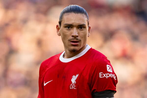 LIVERPOOL, ENGLAND - Sunday, October 29, 2023: Liverpool's Darwin Núñez during the FA Premier League match between Liverpool FC and Nottingham Forest FC at Anfield. Liverpool won 3-0. (Photo by David Rawcliffe/Propaganda)