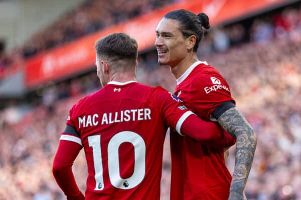 LIVERPOOL, ENGLAND - Sunday, October 29, 2023: Liverpool's Darwin Núñez (R) celebrates with team-mate Alexis Mac Allister after scoring the second goal during the FA Premier League match between Liverpool FC and Nottingham Forest FC at Anfield. Liverpool won 3-0. (Photo by David Rawcliffe/Propaganda)