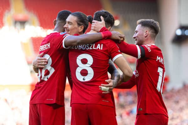 LIVERPOOL, ENGLAND - Sunday, October 29, 2023: Liverpool's Darwin Núñez (2nd from L) celebrates with team-mates Ryan Gravenberch, Dominik Szoboszlai and Alexis Mac Allister after scoring the second goal during the FA Premier League match between Liverpool FC and Nottingham Forest FC at Anfield. Liverpool won 3-0. (Photo by David Rawcliffe/Propaganda)