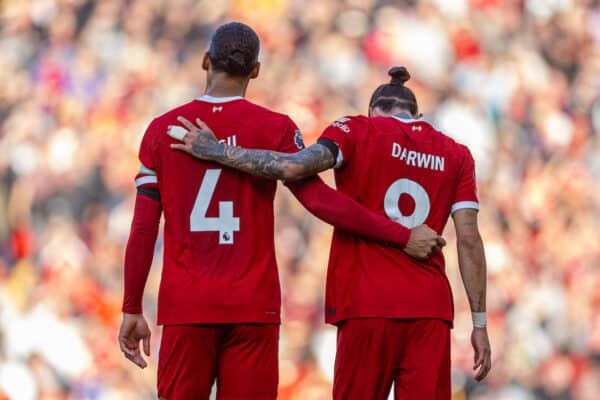 LIVERPOOL, ENGLAND - Sunday, October 29, 2023: Liverpool's Darwin Núñez (R) celebrates with team-mate captain Virgil van Dijk after scoring the second goal during the FA Premier League match between Liverpool FC and Nottingham Forest FC at Anfield. Liverpool won 3-0. (Photo by David Rawcliffe/Propaganda)