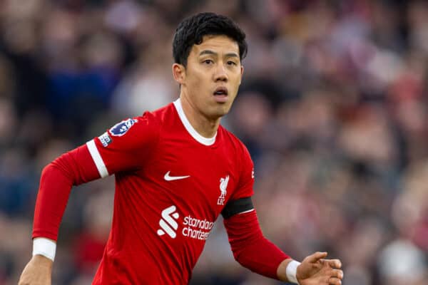 LIVERPOOL, ENGLAND - Sunday, October 29, 2023: Liverpool's Wataru Endo during the FA Premier League match between Liverpool FC and Nottingham Forest FC at Anfield. Liverpool won 3-0. (Photo by David Rawcliffe/Propaganda)