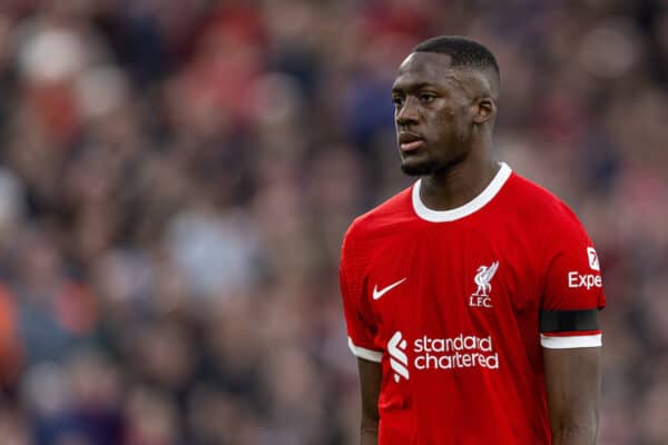 LIVERPOOL, ENGLAND - Sunday, October 29, 2023: Liverpool's Ibrahima Konaté during the FA Premier League match between Liverpool FC and Nottingham Forest FC at Anfield. Liverpool won 3-0. (Photo by David Rawcliffe/Propaganda)