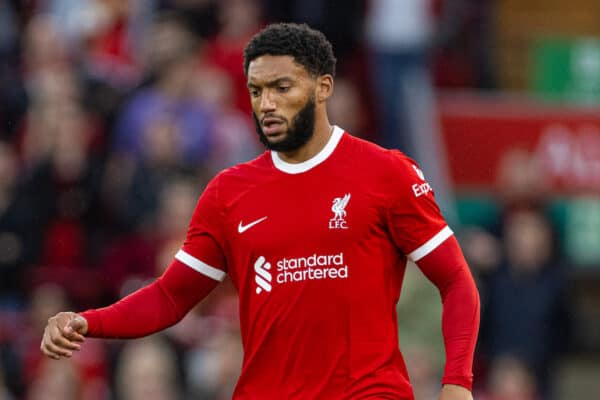 LIVERPOOL, ENGLAND - Sunday, October 29, 2023: Liverpool's Joe Gomez during the FA Premier League match between Liverpool FC and Nottingham Forest FC at Anfield. Liverpool won 3-0. (Photo by David Rawcliffe/Propaganda)