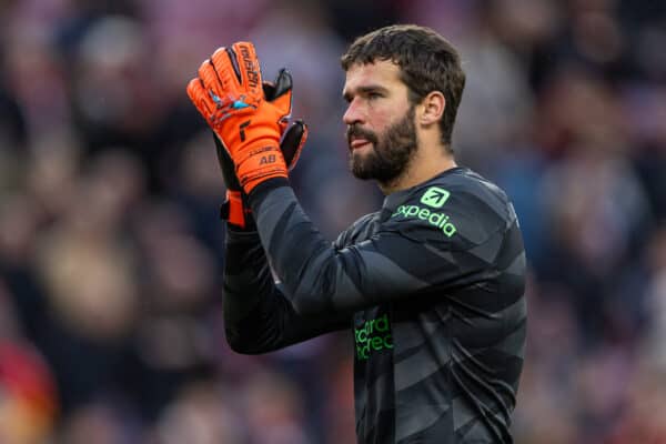 LIVERPOOL, ENGLAND - Sunday, October 29, 2023: Liverpool's goalkeeper Alisson Becker applauds the supporters after the FA Premier League match between Liverpool FC and Nottingham Forest FC at Anfield. Liverpool won 3-0. (Photo by David Rawcliffe/Propaganda)