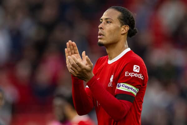 LIVERPOOL, ENGLAND - Sunday, October 29, 2023: Liverpool's captain Virgil van Dijk applauds the supporters after the FA Premier League match between Liverpool FC and Nottingham Forest FC at Anfield. Liverpool won 3-0. (Photo by David Rawcliffe/Propaganda)