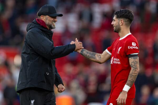 LIVERPOOL, ENGLAND - Sunday, October 29, 2023: Liverpool's manager Jürgen Klopp (L) and Dominik Szoboszlai after the FA Premier League match between Liverpool FC and Nottingham Forest FC at Anfield. Liverpool won 3-0. (Photo by David Rawcliffe/Propaganda)