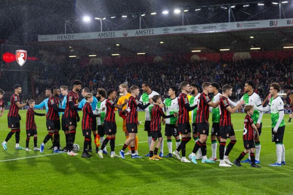 BOURNEMOUTH, ENGLAND - Wednesday, November 1, 2023: Liverpool and Bournemouth players shake hands before the Football League Cup 4th Round match between AFC Bournemouth and Liverpool FC at Dean Court. Liverpool won 2-1. (Photo by David Rawcliffe/Propaganda)