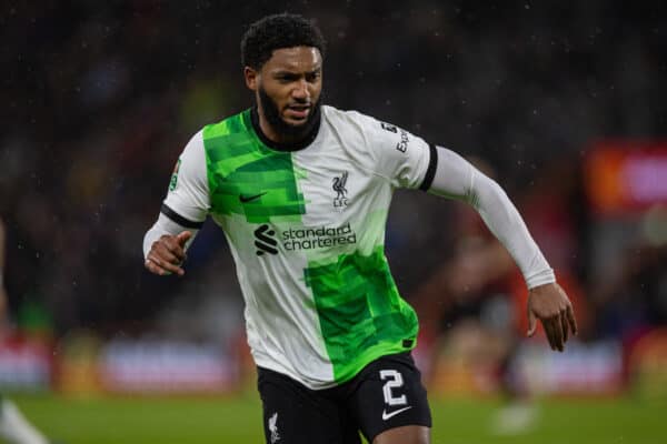 BOURNEMOUTH, ENGLAND - Wednesday, November 1, 2023: Liverpool's Joe Gomez during the Football League Cup 4th Round match between AFC Bournemouth and Liverpool FC at Dean Court. Liverpool won 2-1. (Photo by David Rawcliffe/Propaganda)