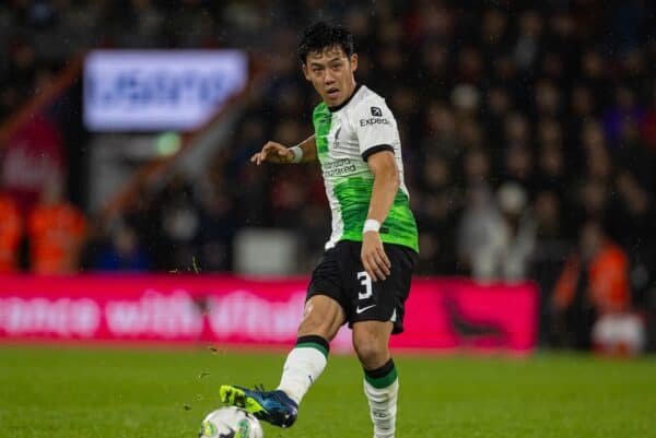 BOURNEMOUTH, ENGLAND - Wednesday, November 1, 2023: Liverpool's Wataru Endo during the Football League Cup 4th Round match between AFC Bournemouth and Liverpool FC at Dean Court. Liverpool won 2-1. (Photo by David Rawcliffe/Propaganda)