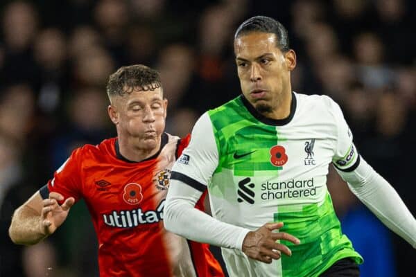 LUTON, ENGLAND - Sunday, November 5, 2023: Liverpool's captain Virgil van Dijk (R) gets away from Luton Town's Ross Barkley during the FA Premier League match between Luton Town FC and Liverpool FC at Kenilworth Road. The game ended in a 1-1 draw. (Photo by David Rawcliffe/Propaganda)